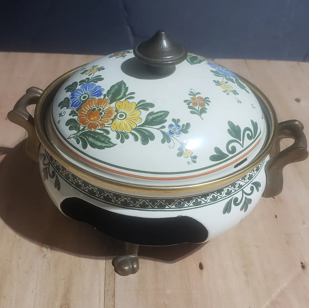Vintage Fissler Asta Old Amsterdam Pattern Enamelware Warmer Brass Handles